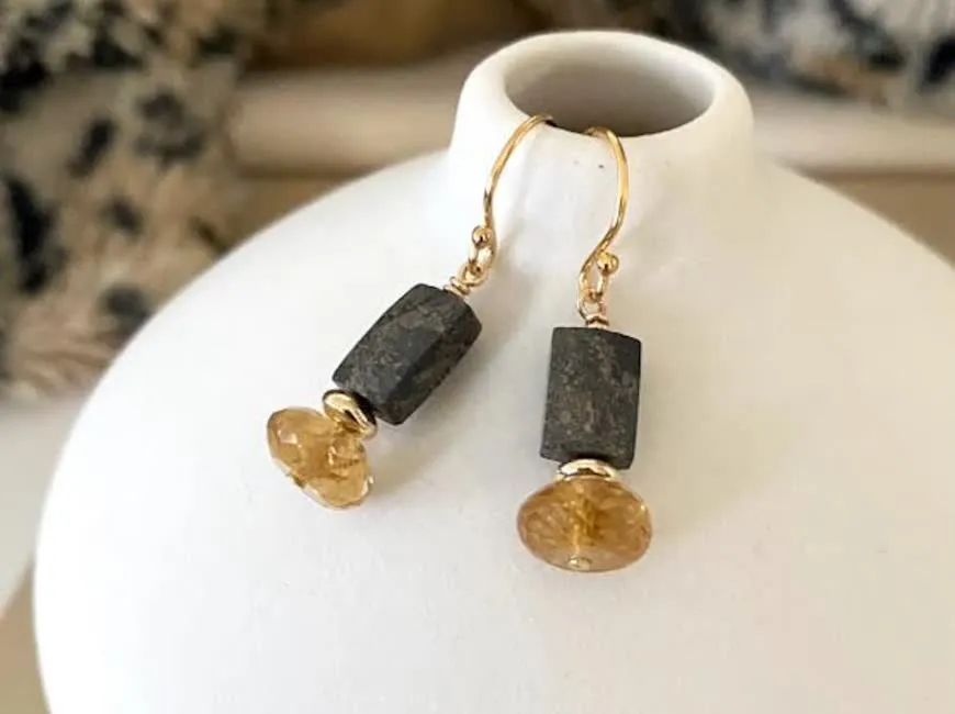 Handmade pyrite and citrine dangle gemstone earrings