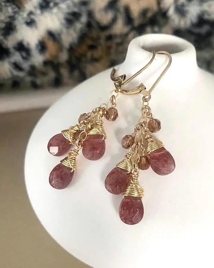Handmade strawberry quartz cascading teardrop earrings